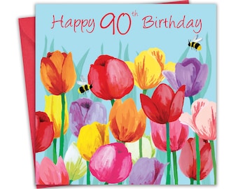 90th Birthday Card for Women - Tulips Floral - Female Age 90 Year Old Happy Birthday Card for Her