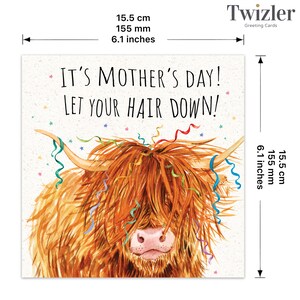May include: A greeting card featuring a cartoon illustration of a Highland cow with colorful streamers in its hair. The text on the card reads "It's Mother's Day! Let your hair down!"