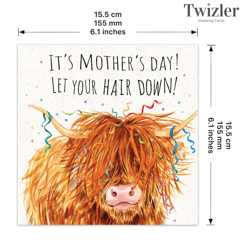 May include: A greeting card featuring a cartoon illustration of a Highland cow with colorful streamers in its hair. The text on the card reads "It's Mother's Day! Let your hair down!"