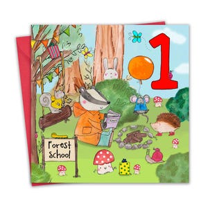 Cartão de 1º aniversário para meninos e meninas - Escola Animal Forest - Cartão de feliz aniversário para crianças de 1 ano de idade