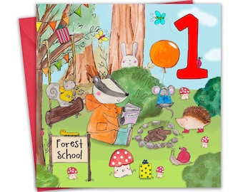 1st Birthday Card for Boys & Girls - Animal Forest School - Age 1 Year Old Childrens Happy Birthday Card for Kids