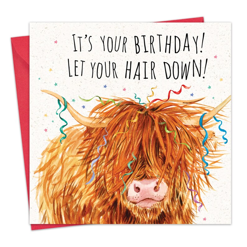 May include: A birthday card featuring a watercolor illustration of a Highland cow with colorful streamers in its hair. The text on the card reads "It's your birthday! Let your hair down!"