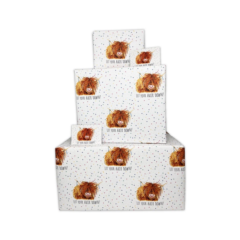 May include: A stack of gift wrap featuring a cartoon Highland cow with the text "Let your hair down!" printed on a white background with colorful confetti.