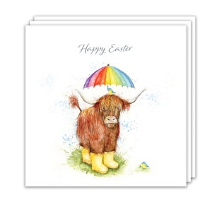 Lot de 3 cartes de Pâques amusantes - motif vache des Highlands - lot de 3 cartes de Pâques humour - lot de 3 cartes de Pâques - cartes Joyeuses Pâques