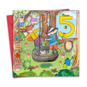 Carte de 5 ans pour garçons et filles - École d'animaux de la forêt - Carte de joyeux anniversaire pour enfants de 5 ans