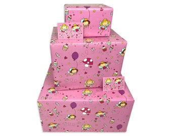 Papier cadeau fille - Fées roses - 2, 4 ou 6 feuilles et étiquettes - Feuilles pliées 70 cm x 50 cm - Adorable emballage cadeau joyeux anniversaire pour enfants