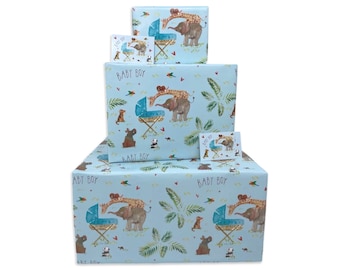 New Baby Boy Wrapping Paper - Blue Jungle Animals - 2, 4 or 6 Sheets & Tags - 70cm x 50cm Folded Sheets - Baby Shower Gift Wrap