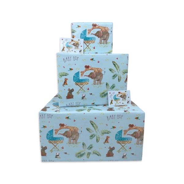 New Baby Boy Wrapping Paper - Blue Jungle Animals - 2, 4 or 6 Sheets & Tags - 70cm x 50cm Folded Sheets - Baby Shower Gift Wrap