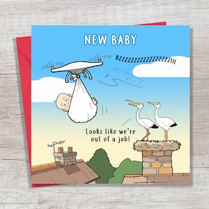 Neue Babykarte Lustiger Storch & Drone – Baby Boy Karte - Baby Girl Karte