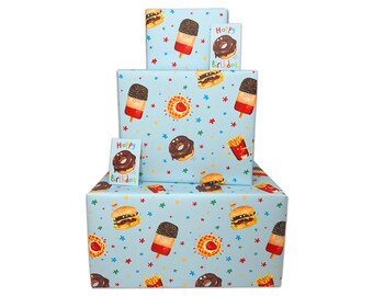 Boys Wrapping Paper - Blue Food - 2, 4 or 6 Sheets & Tags - 70cm x 50cm Folded Sheets - Cute Children's Happy Birthday Gift Wrap for Kids