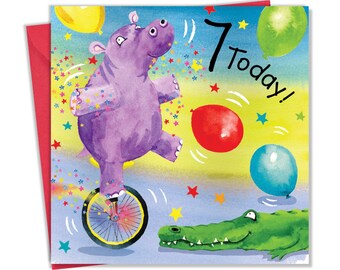 7th Birthday Card for Boy or Girl Hippo - Children's Seventh Birthday Card - Kids Age 7 Happy Birthday - Age Seven