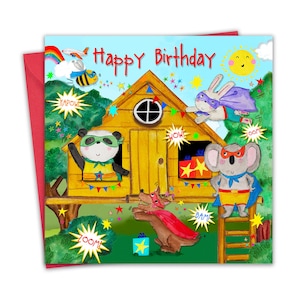 Cartão de aniversário para meninos e meninas - Animal Superhero Treehouse - Cartão de feliz aniversário infantil para crianças