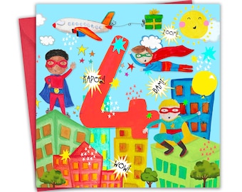 Tarjeta de 4.º cumpleaños para niños: superhéroe. Tarjeta de feliz cumpleaños para niños de 4 años.
