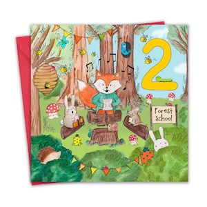 Carte d'anniversaire pour garçons et filles - Animal Forest School - Carte de joyeux anniversaire pour enfants de 2 ans