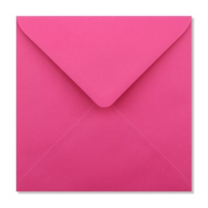 May include: A bright pink square envelope with a pointed flap.