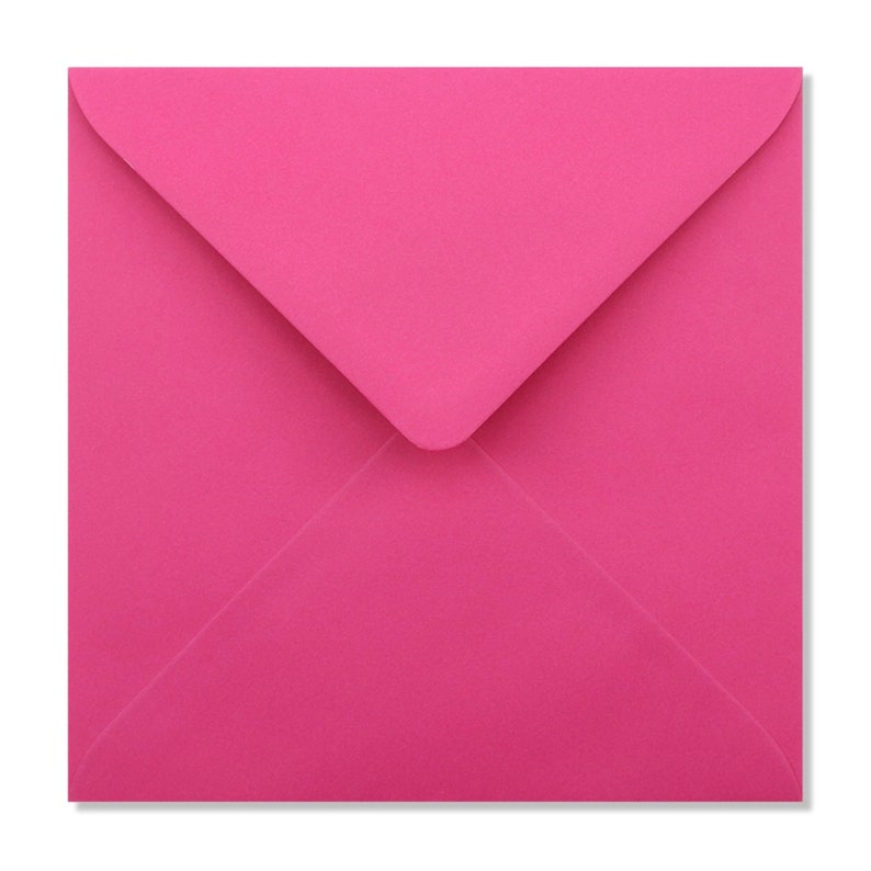 May include: A bright pink square envelope with a pointed flap.
