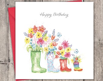 Birthday Card Wellies - Happy Birthday Card for Men or Women - Birthday Card for Him or Her - Gardener Birthday Card