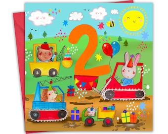 May include: A colorful birthday card featuring a large orange number two surrounded by construction vehicles and animals. The card has a blue, green, and yellow background with white clouds and stars.