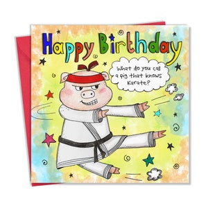 Biglietto di compleanno per bambini con design di maiale Karate – Scherzo divertente Biglietto di buon compleanno per bambini – Biglietto di compleanno per ragazzo o ragazza