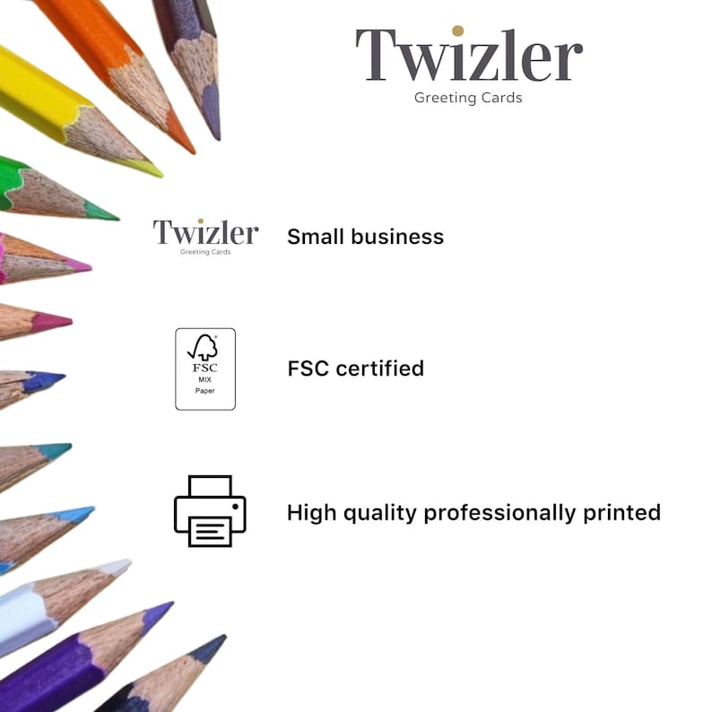 Może przedstawiać: Kolorowy obraz kolorowych oł&oacute;wk&oacute;w ułożonych w p&oacute;łkole. Obraz zawiera r&oacute;wnież tekst "Twizler Greeting Cards" i informacje o firmie, kt&oacute;ra jest małym przedsiębiorstwem, wykorzystuje papier z certyfikatem FSC i oferuje wysokiej jakości, profesjonalnie drukowane kartki okolicznościowe.