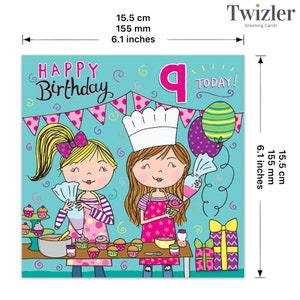 May include: A birthday card featuring two girls baking cupcakes. The card is blue with pink, green, and yellow accents. The text on the card reads "Happy Birthday 9 Today!"