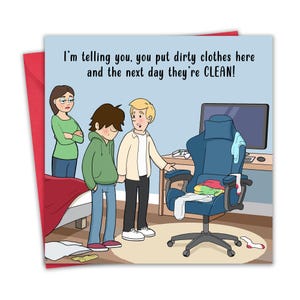 Tarjeta divertida para adolescentes para niños - Silla de lavandería - Tarjeta de cumpleaños para hijo, hermano, esposo, esposa - Interior en blanco - Día de la madre, mamá - Día del padre, papá