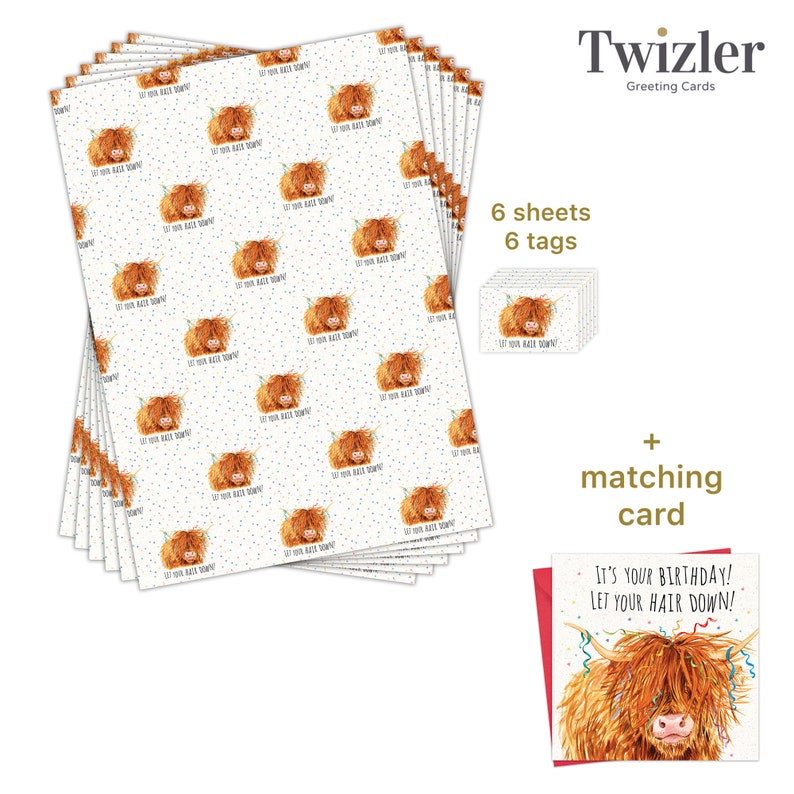 May include: A set of wrapping paper featuring a Highland cow with the text "Let your hair down!"  The set includes 6 sheets of wrapping paper, 6 gift tags, and a matching birthday card.
