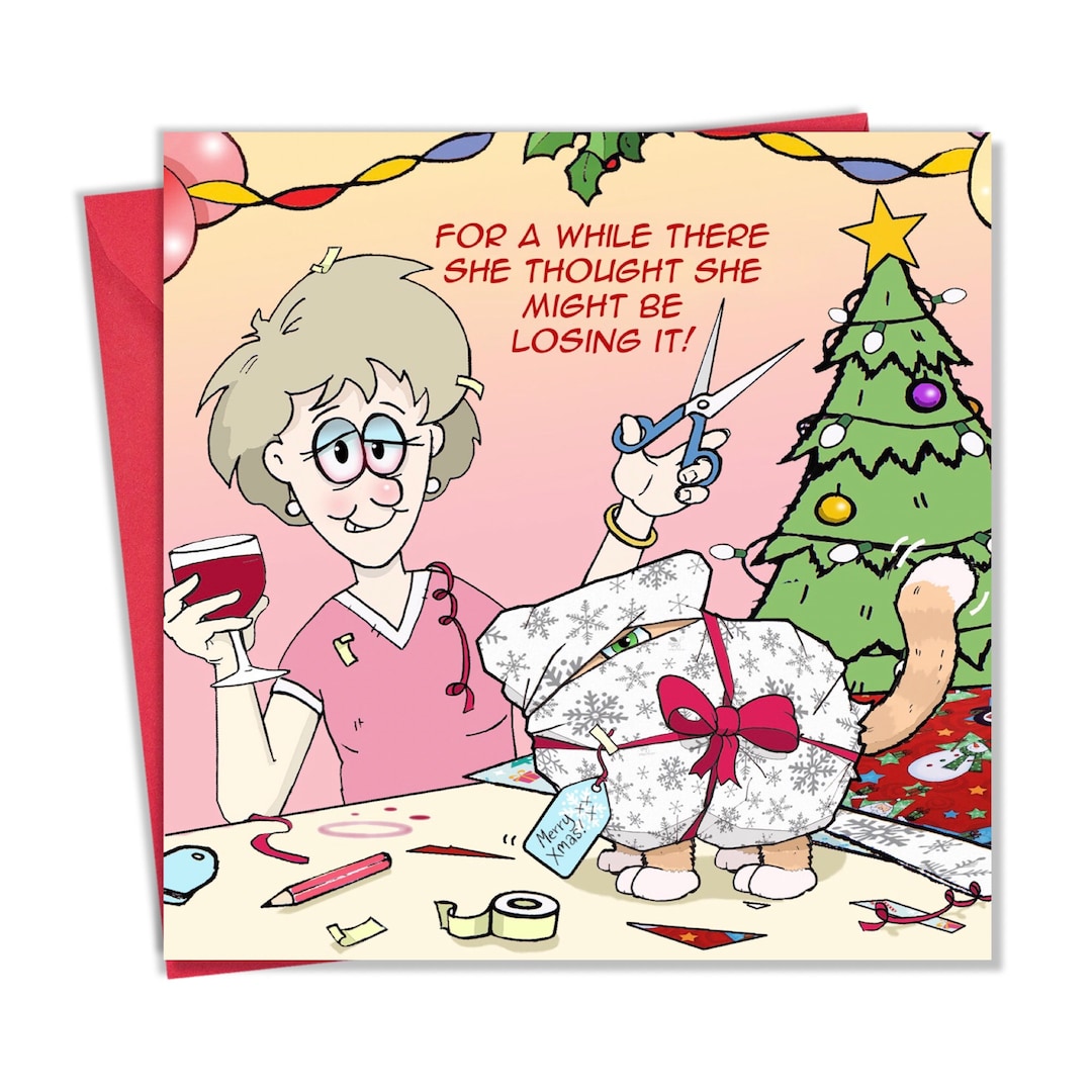 Funny Christmas Card With Wine and Cat Merry Christmas Card Funny Xmas