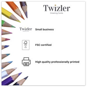 Puede incluir: Un fondo blanco con l&aacute;pices de colores dispuestos en semic&iacute;rculo. El texto "Twizler Greeting Cards" est&aacute; en la parte superior de la imagen. El texto "Small business" est&aacute; debajo del logotipo. El texto "FSC certified" est&aacute; debajo del logotipo. El texto "High quality professionally printed" est&aacute; debajo del logotipo.
