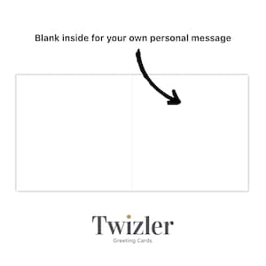 Op de afbeelding: Lege kaart met een witte achtergrond en de tekst "Blank inside for your own personal message" bovenaan. Het logo van Twizler Greeting Cards staat onderaan de kaart.