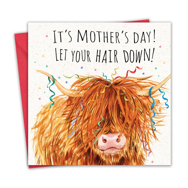 May include: A greeting card with a cartoon illustration of a Highland cow with colorful streamers in its hair. The text on the card reads "It's Mother's Day! Let your hair down!"