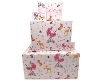 Papel de regalo para bebé niña - Animales del bosque rosas - 2, 4 o 6 hojas y etiquetas - Hojas dobladas de 70 cm x 50 cm - Papel de regalo para baby shower