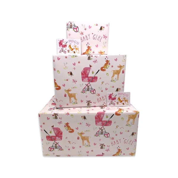 Papier cadeau pour bébé fille - Animaux roses de la forêt - 2, 4 ou 6 feuilles et étiquettes - Draps pliés 70 x 50 cm - Papier cadeau baby shower