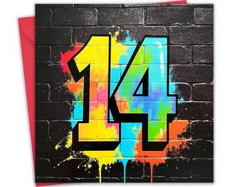 May include: A birthday card with the number 14 in a graffiti style. The numbers are outlined in black and filled with yellow, blue, and green colors. The background is a black brick wall with colorful paint splatters.