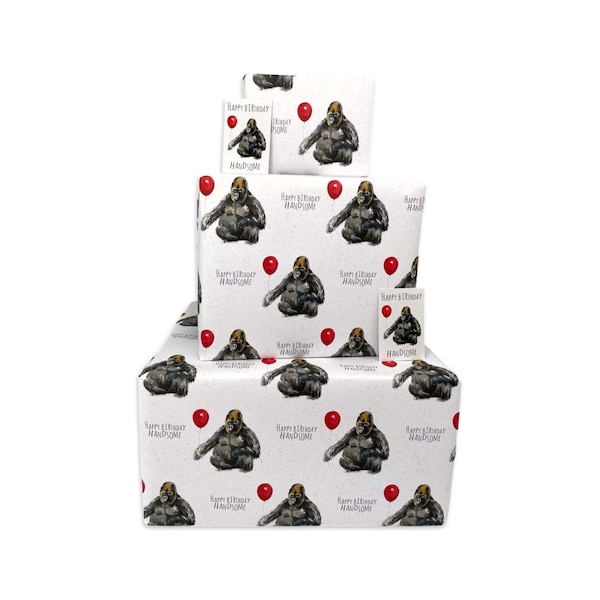 Happy Birthday Wrapping Paper for Men - Handsome Gorilla - 2, 4 or 6 Sheets & Tags - 70cm x 50cm Folded Sheets - Funny Gift Wrap for Him