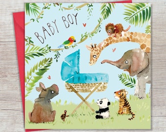 New Baby Boy Card Jungle Animals - Congratulations New Baby Card