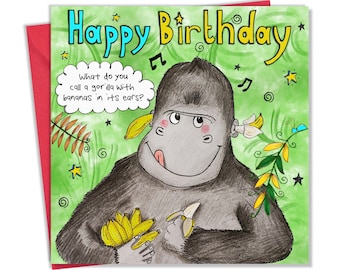 Childrens Birthday Card with Gorilla Design - Funny Joke Childrens Happy Birthday Card - Kids Birthday Card for Boy or Girl