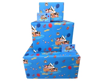 Boys Wrapping Paper - Blue Pirates - 2, 4 or 6 Sheets & Tags - 70cm x 50cm Folded Sheets - Cute Children's Happy Birthday Gift Wrap for Kids