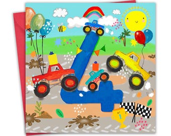 4th Birthday Card for Boys - Monster Trucks - Age 4 Year Old Childrens Happy Birthday Card for Kids