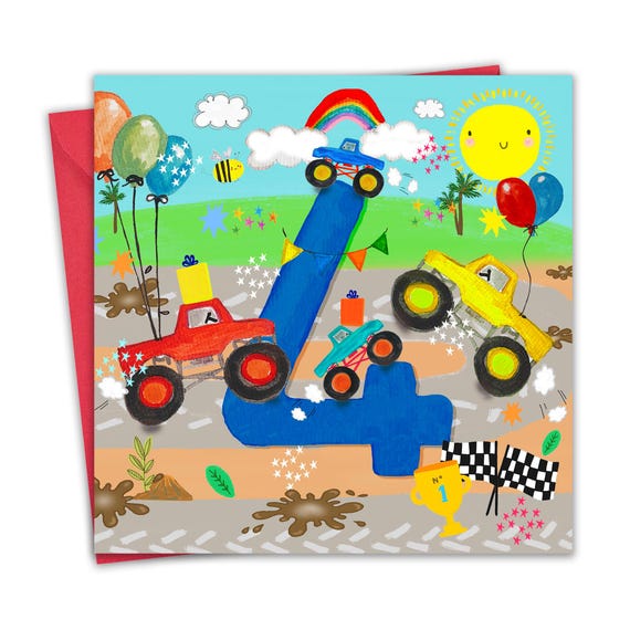 4th Birthday Card for Boys - Monster Trucks - Age 4 Year Old Childrens Happy Birthday Card for Kids
