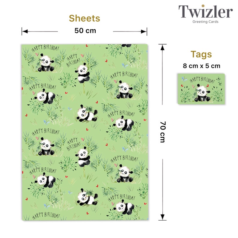 May include: Green wrapping paper with a repeating pattern of black and white pandas holding bamboo stalks. The pandas are surrounded by green leaves and red hearts. The text "Happy Birthday" is repeated throughout the pattern. The paper measures 50 cm by 70 cm. A smaller tag with the same pattern is also shown, measuring 8 cm by 5 cm.