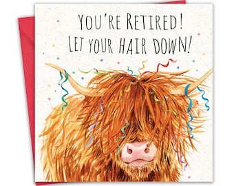 Tarjeta de Jubilación - Vaca de las Tierras Altas de Escocia - Tarjeta divertida de "Feliz Jubilación" para mujeres - Escocia