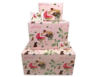 New Baby Girl Wrapping Paper - Pink Jungle Animals - 2, 4 or 6 Sheets & Tags - 70cm x 50cm Folded Sheets - Baby Shower Gift Wrap
