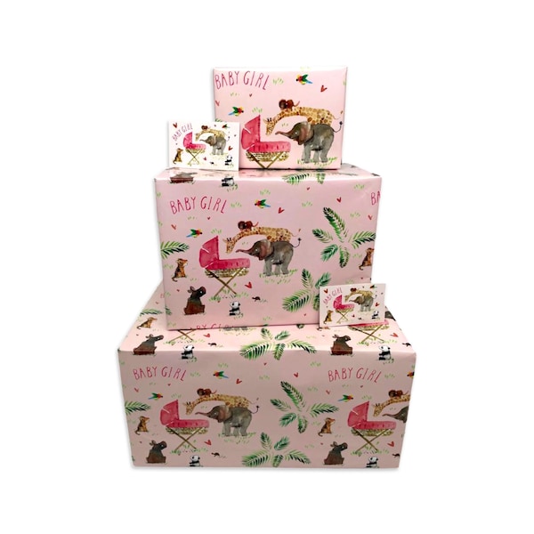 New Baby Girl Wrapping Paper - Pink Jungle Animals - 2, 4 or 6 Sheets & Tags - 70cm x 50cm Folded Sheets - Baby Shower Gift Wrap