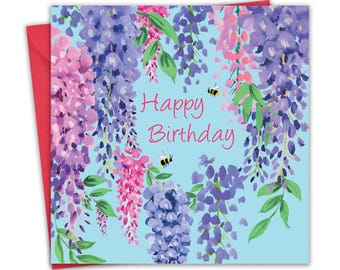 Tarjeta de cumpleaños para mujer - Glicina - Tarjeta floral de feliz cumpleaños para ella