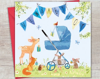 New Baby Boy Card Woodland Animals - Congratulations New Baby Card
