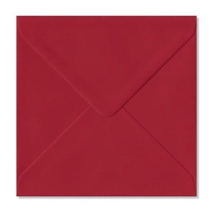 May include: A square, deep red envelope with a pointed flap. The envelope is made of a smooth paper material and is sealed. The envelope is a solid color with no visible text or design.