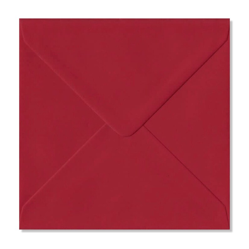May include: A square, deep red envelope with a pointed flap. The envelope is made of a smooth paper material and is sealed. The envelope is a solid color with no visible text or design.