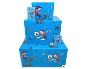 Boys Wrapping Paper - Blue Football Bikes - 2, 4 or 6 Sheets & Tags - 70cm x 50cm Folded Sheets - Children's Happy Birthday Gift Wrap Kids