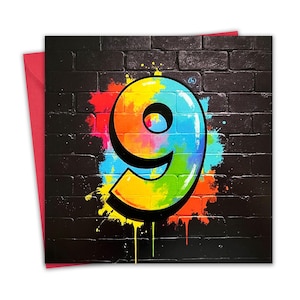 May include: A birthday card with a graffiti-style number nine in a rainbow of colours, set against a black brick wall. Paint splatters enhance the artwork. A red envelope is visible, suggesting a celebratory theme.